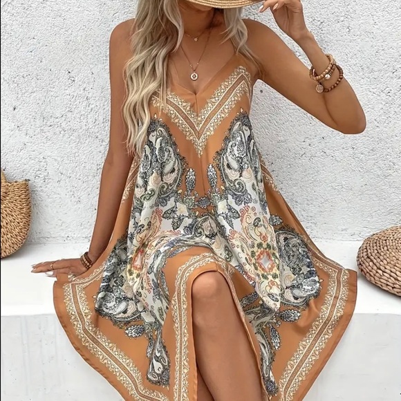 Bohemian Patterned Dress in Beige and White - Picture 1 of 6